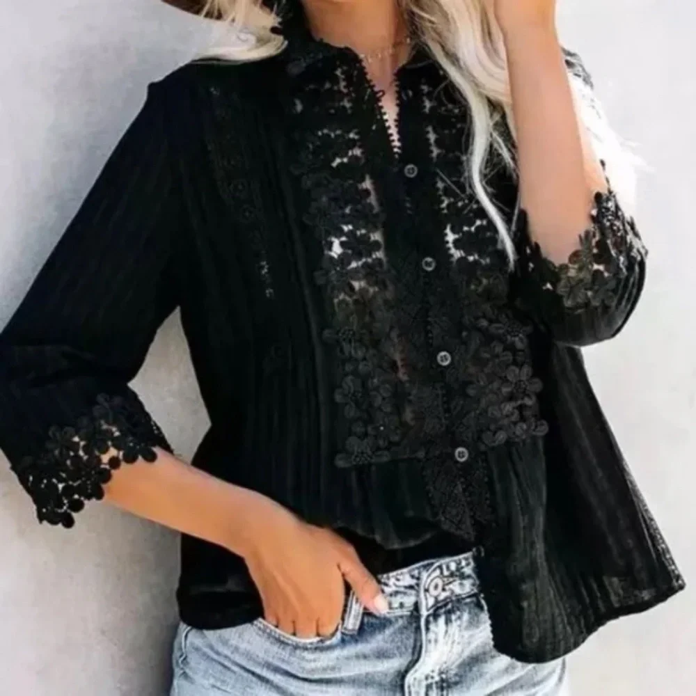 Black Bohemian Lace Crochet Button Front Blouse